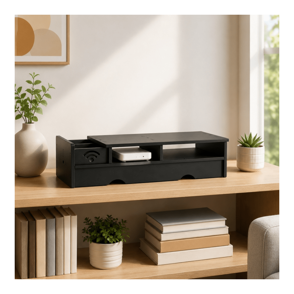 Office Tech Setup - Black Matte WiFi Router Storage Box
